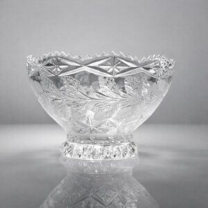 Vintage Cut Crystal Pedestal Bowl Scalloped Rim Starburst Glass Centerpiece Dish